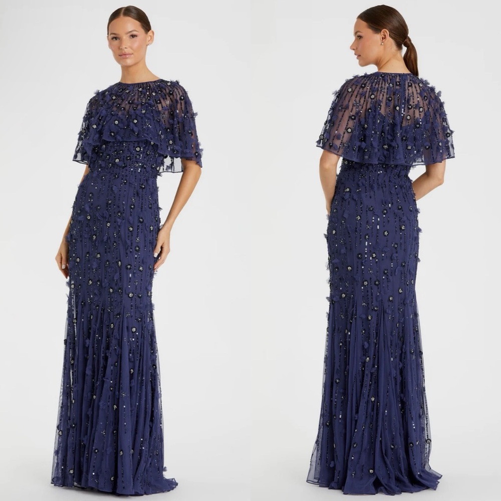 NWT 93653 Mac Duggal Navy Embellished Illusion Cape Sleeve Trumpet Gown